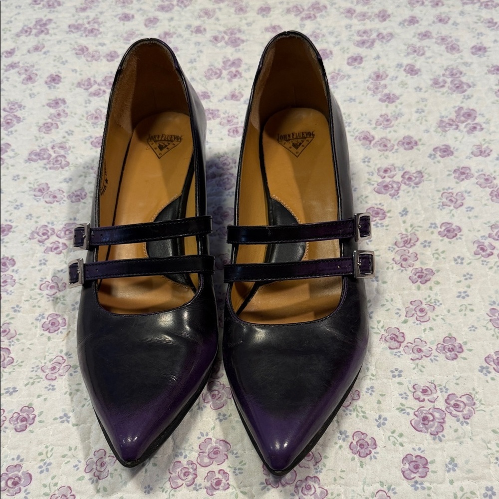 John Fluevog Black and Purple Two-Strap Pointed Pumps
